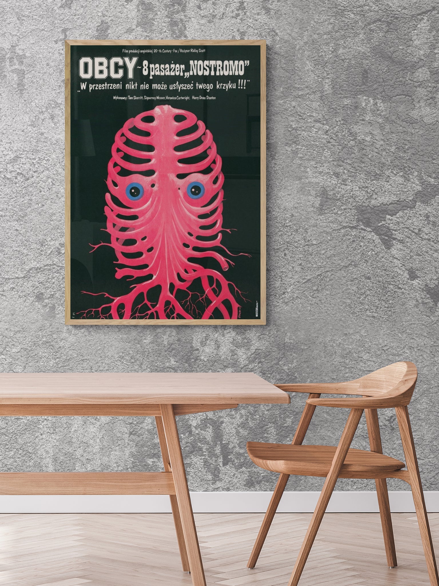An official Limited Edition Polish School of Posters reprint (c.500) of 1979 US sci-fi horror classic Alien. Hand-framed in sustainable high quality materials, in East London. Set in beautiful bright dining room.